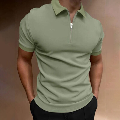 Vīriešu polo krekls vienkrāsains ar īsām piedurknēm rāvējslēdzēju atloks T-krekls ikdienas tops