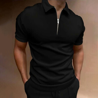 Vīriešu polo krekls vienkrāsains ar īsām piedurknēm rāvējslēdzēju atloks T-krekls ikdienas tops