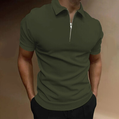 Vīriešu polo krekls vienkrāsains ar īsām piedurknēm rāvējslēdzēju atloks T-krekls ikdienas tops