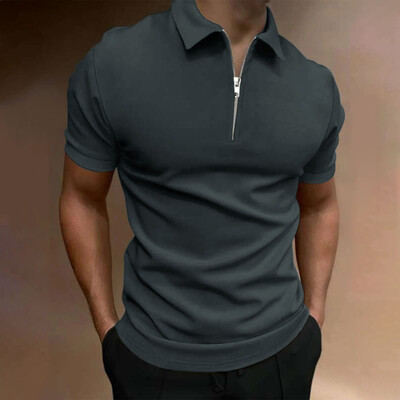 Vīriešu polo krekls vienkrāsains ar īsām piedurknēm rāvējslēdzēju atloks T-krekls ikdienas tops