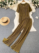 SINGREINY Плисиран моден плътен комплект Дамски свободни горнища с О деколте Еластична талия Разделени широки крачоли Дълги панталони Дамски елегантен комплект от две части