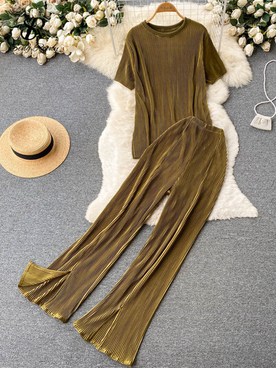 SINGREINY Плисиран моден плътен комплект Дамски свободни горнища с О деколте Еластична талия Разделени широки крачоли Дълги панталони Дамски елегантен комплект от две части