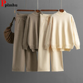 Ziemas biezi trikotāžas 2 daļ. komplekti Sieviešu trikotāžas trikotāžas džemperis Pulovers Topi Conjuntos sporta bikses ar augstu vidukli