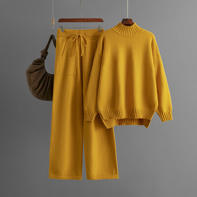 Ziemas biezi trikotāžas 2 daļ. komplekti Sieviešu trikotāžas trikotāžas džemperis Pulovers Topi Conjuntos sporta bikses ar augstu vidukli