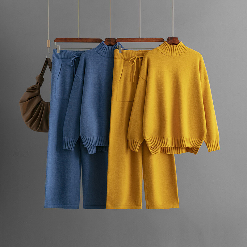 Ziemas biezi trikotāžas 2 daļ. komplekti Sieviešu trikotāžas trikotāžas džemperis Pulovers Topi Conjuntos sporta bikses ar augstu vidukli