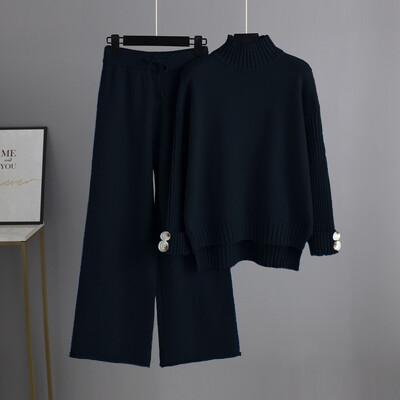 Rudens ziemas adījums 2 dab. komplekti Sieviešu bruņurupucis, biezs, brīvs trikotāžas apģērbs, džemperi, topi Conjuntos, platas bikses, apģērbs