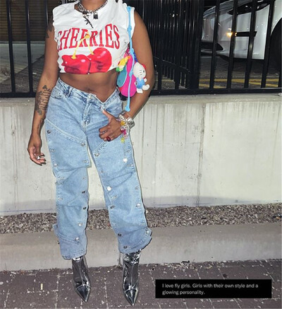 CM.YAYA Sieviešu ielas apģērbs ar pogu izgrieztu Cargo Straight džinsa platu džinsu bikses 2024 INS elastīgas modes ballīšu kravas bikses