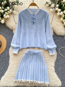 Kimotimo trikotāžas divdaļīgie komplekti Sieviešu saldie, brīvi, garām piedurknēm, džemperis, kroku A-līnijas mini svārki rudens ziemas kostīmi