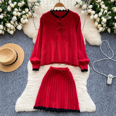 Kimotimo trikotāžas divdaļīgie komplekti Sieviešu saldie, brīvi, garām piedurknēm, džemperis, kroku A-līnijas mini svārki rudens ziemas kostīmi