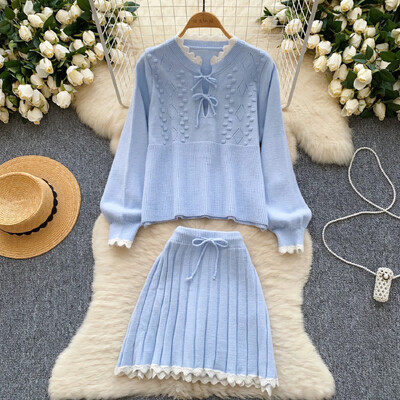 Kimotimo trikotāžas divdaļīgie komplekti Sieviešu saldie, brīvi, garām piedurknēm, džemperis, kroku A-līnijas mini svārki rudens ziemas kostīmi