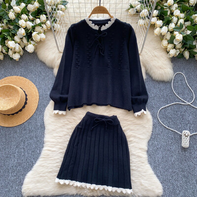 Kimotimo trikotāžas divdaļīgie komplekti Sieviešu saldie, brīvi, garām piedurknēm, džemperis, kroku A-līnijas mini svārki rudens ziemas kostīmi