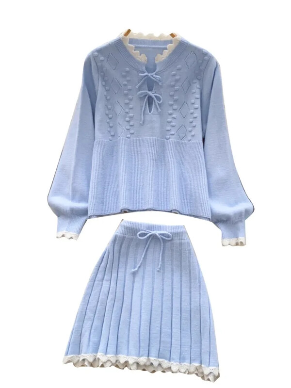 Kimotimo trikotāžas divdaļīgie komplekti Sieviešu saldie, brīvi, garām piedurknēm, džemperis, kroku A-līnijas mini svārki rudens ziemas kostīmi