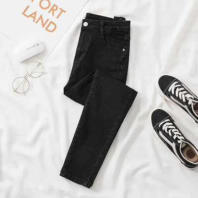 Mustad hallid teksad Naiste salenemist vähendavad kärbitud püksid šikk mitmekülgne üliõpilaste lühikesed püksid pikad püksid, Slim Fit, siluett