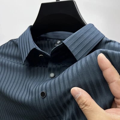 Tricou polo din mătase de gheață pentru bărbați, rever, scobit, cu mânecă scurtă, respirabil, tricou la modă de afaceri, îmbrăcăminte de marcă pentru bărbați, vară, nou