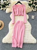 SINGREINY modes 3D džemperu kostīmi ar volāniem, pērļu trikotāžas tops+elastīgi sadalīti svārki Hotsweet, plāni adīti divu gabalu komplekts