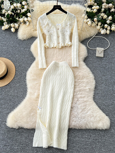 SINGREINY modes 3D džemperu kostīmi ar volāniem, pērļu trikotāžas tops+elastīgi sadalīti svārki Hotsweet, plāni adīti divu gabalu komplekts