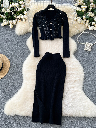 SINGREINY modes 3D džemperu kostīmi ar volāniem, pērļu trikotāžas tops+elastīgi sadalīti svārki Hotsweet, plāni adīti divu gabalu komplekts