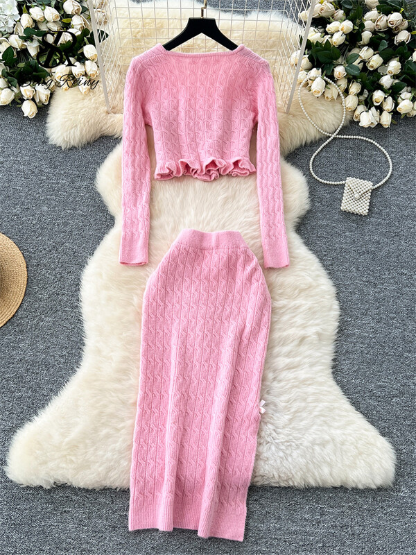 SINGREINY modes 3D džemperu kostīmi ar volāniem, pērļu trikotāžas tops+elastīgi sadalīti svārki Hotsweet, plāni adīti divu gabalu komplekts