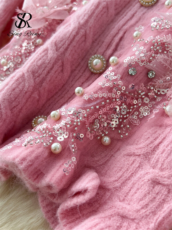 SINGREINY modes 3D džemperu kostīmi ar volāniem, pērļu trikotāžas tops+elastīgi sadalīti svārki Hotsweet, plāni adīti divu gabalu komplekts