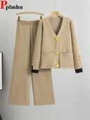 Rudens ziemas trikotāžas 2 daļiņu komplekti Sieviešu V veida kakla izgriezums, vienrindas Trikotāžas Džemperis Jaciņas Topi Conjuntos Bikses ar augstu vidukli