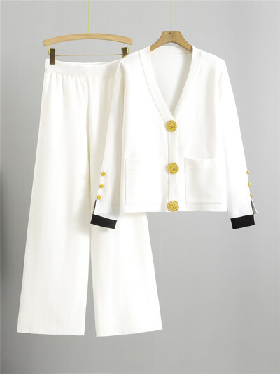 Rudens ziemas trikotāžas 2 daļiņu komplekti Sieviešu V veida kakla izgriezums, vienrindas Trikotāžas Džemperis Jaciņas Topi Conjuntos Bikses ar augstu vidukli