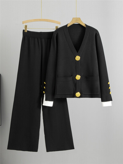 Rudens ziemas trikotāžas 2 daļiņu komplekti Sieviešu V veida kakla izgriezums, vienrindas Trikotāžas Džemperis Jaciņas Topi Conjuntos Bikses ar augstu vidukli