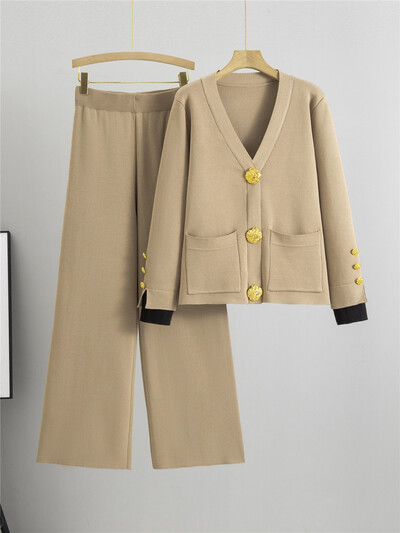 Rudens ziemas trikotāžas 2 daļiņu komplekti Sieviešu V veida kakla izgriezums, vienrindas Trikotāžas Džemperis Jaciņas Topi Conjuntos Bikses ar augstu vidukli