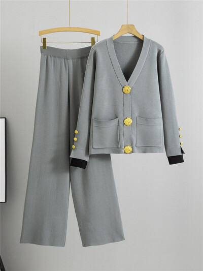 Rudens ziemas trikotāžas 2 daļiņu komplekti Sieviešu V veida kakla izgriezums, vienrindas Trikotāžas Džemperis Jaciņas Topi Conjuntos Bikses ar augstu vidukli