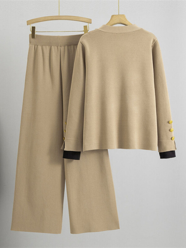 Rudens ziemas trikotāžas 2 daļiņu komplekti Sieviešu V veida kakla izgriezums, vienrindas Trikotāžas Džemperis Jaciņas Topi Conjuntos Bikses ar augstu vidukli