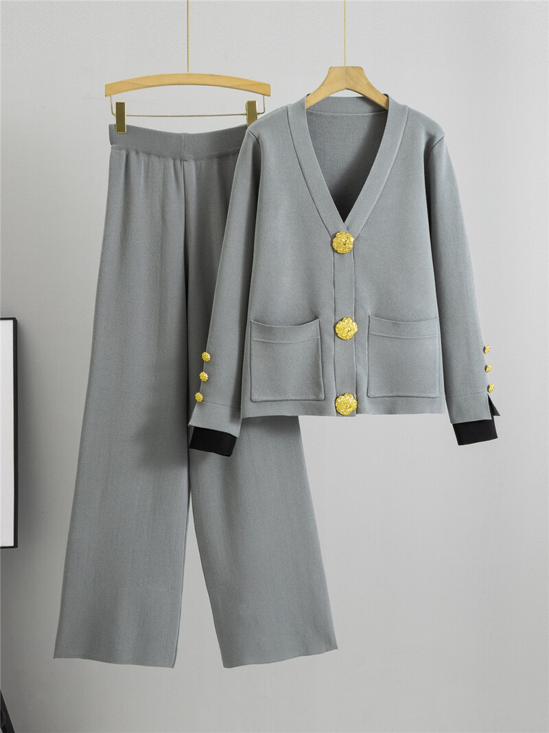 Rudens ziemas trikotāžas 2 daļiņu komplekti Sieviešu V veida kakla izgriezums, vienrindas Trikotāžas Džemperis Jaciņas Topi Conjuntos Bikses ar augstu vidukli