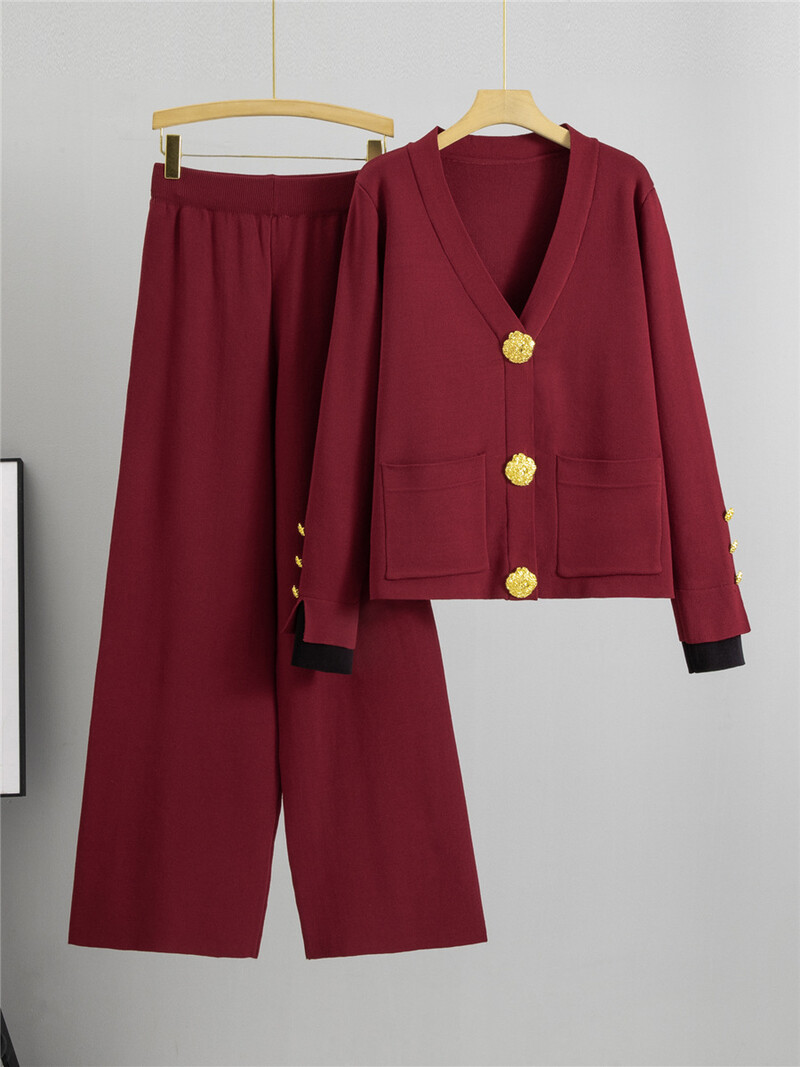 Rudens ziemas trikotāžas 2 daļiņu komplekti Sieviešu V veida kakla izgriezums, vienrindas Trikotāžas Džemperis Jaciņas Topi Conjuntos Bikses ar augstu vidukli