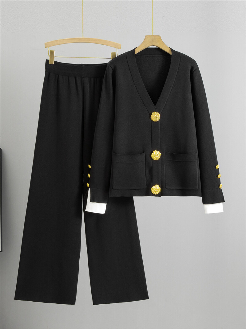 Rudens ziemas trikotāžas 2 daļiņu komplekti Sieviešu V veida kakla izgriezums, vienrindas Trikotāžas Džemperis Jaciņas Topi Conjuntos Bikses ar augstu vidukli