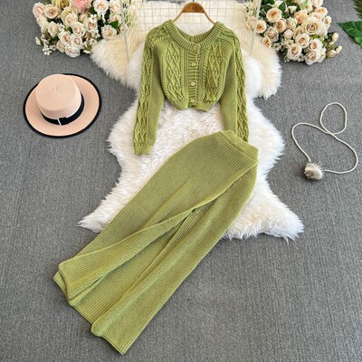 Есенна дамска елегантна ежедневна плетена пола Костюм с дълъг ръкав Къса жилетка Пуловер Тънък миди Saya комплект от две части Женски тоалети