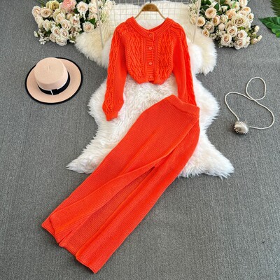 Есенна дамска елегантна ежедневна плетена пола Костюм с дълъг ръкав Къса жилетка Пуловер Тънък миди Saya комплект от две части Женски тоалети
