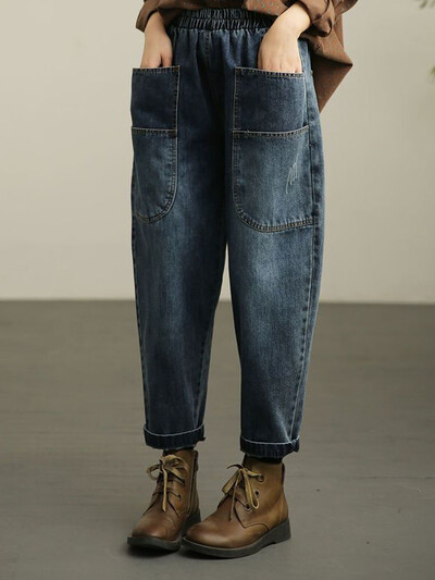 Φαρδύ ψηλόμεσο χαρέμι τζιν Γυναικείο casual μεγάλη τσέπη τζιν παντελόνι άνοιξη Φθινόπωρο Κορεάτικο Oversize 90kg Vintage Vaqueros