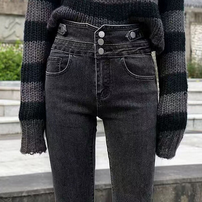 Korejas dizaina zīmulis Džinsi Sievietēm Ikdienišķs Vintage Stinny Stretch Džinsu Bikses Pavasaris Rudens Ielu apģērbs Solid Kot Pantolon