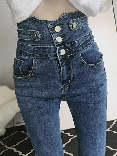 Korejas dizaina zīmulis Džinsi Sievietēm Ikdienišķs Vintage Stinny Stretch Džinsu Bikses Pavasaris Rudens Ielu apģērbs Solid Kot Pantolon