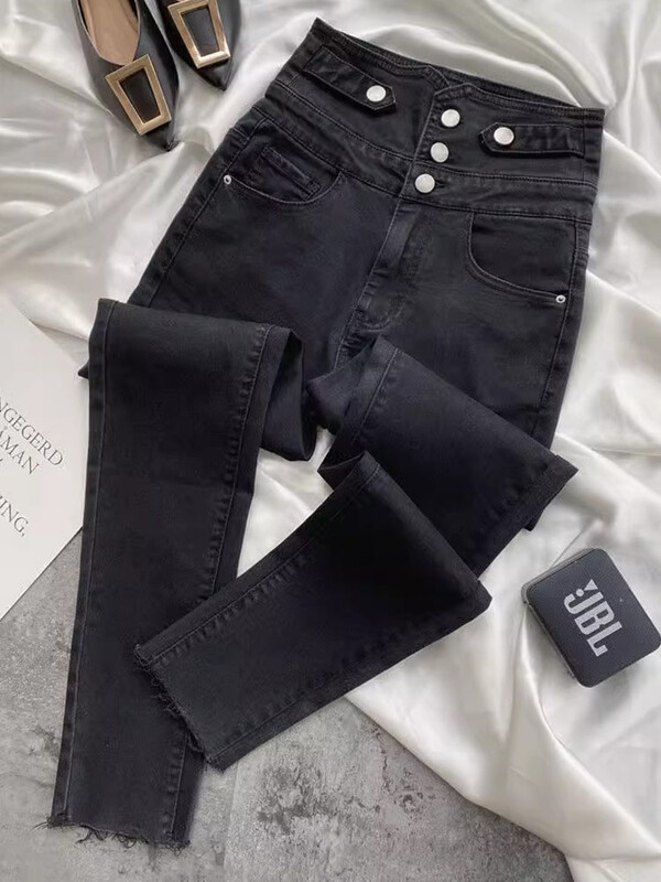 Korejas dizaina zīmulis Džinsi Sievietēm Ikdienišķs Vintage Stinny Stretch Džinsu Bikses Pavasaris Rudens Ielu apģērbs Solid Kot Pantolon
