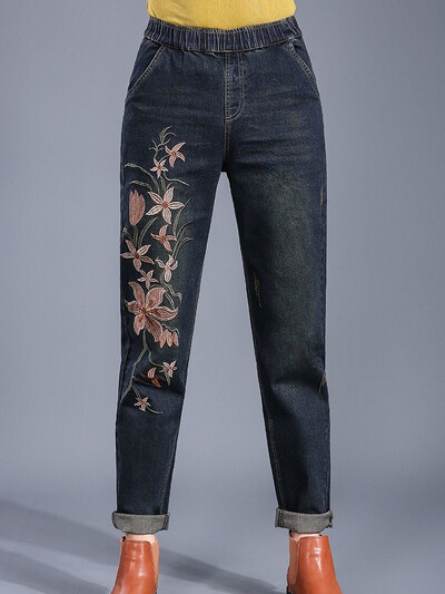 Дизайн на бродерия Винтидж широки харем дънки Дамски ежедневни дънкови панталони с еластична висока талия Корейски улични дрехи с дължина до глезена Vaqueros