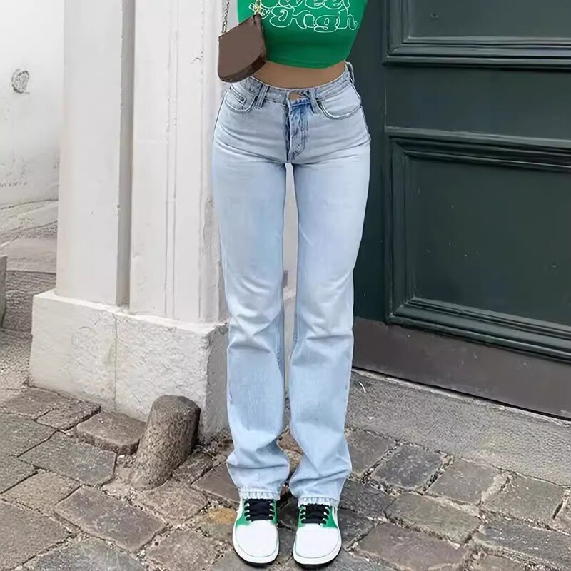 2024. g. populāri pārdoti jauni sieviešu gaiši zili pieguļoši sieviešu džinsi ar augstu jostasvietu, elastīgi, daudzpusīgi, taisni sieviešu džinsi