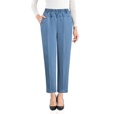 Дънки Mom's Spring/Summer Mid to Old Age Jeans Дамски свободни прави ръкави с 9 точки, бродирана еластична висока талия