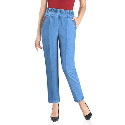 Дънки Mom's Spring/Summer Mid to Old Age Jeans Дамски свободни прави ръкави с 9 точки, бродирана еластична висока талия