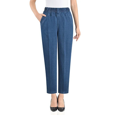 Дънки Mom's Spring/Summer Mid to Old Age Jeans Дамски свободни прави ръкави с 9 точки, бродирана еластична висока талия