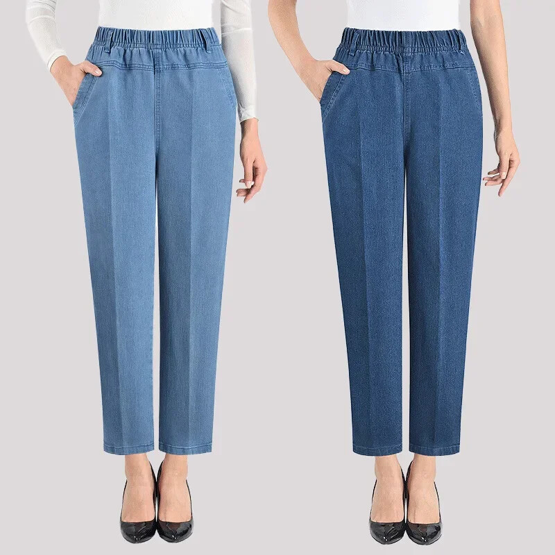 Дънки Mom's Spring/Summer Mid to Old Age Jeans Дамски свободни прави ръкави с 9 точки, бродирана еластична висока талия