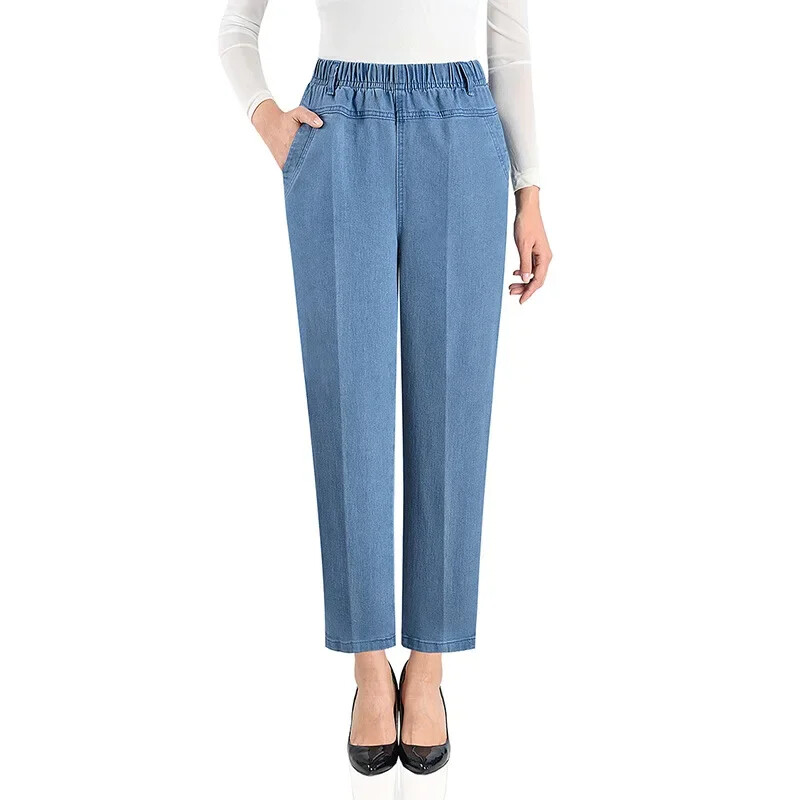 Дънки Mom's Spring/Summer Mid to Old Age Jeans Дамски свободни прави ръкави с 9 точки, бродирана еластична висока талия