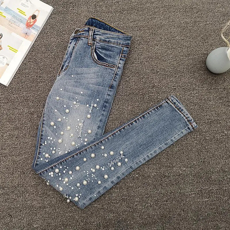 VWBQNZ Nailed Bead Jeans Sieviešu Pavasaris/vasara Jauns, daudzpusīgs, caurumu laužošs elastīgs, šaurs zīmuļu bikses Sieviešu ikdienas džinsu bikses