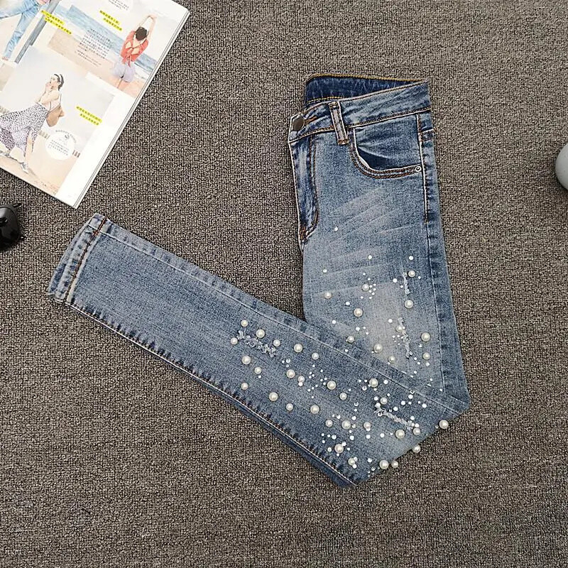 VWBQNZ Nailed Bead Jeans Sieviešu Pavasaris/vasara Jauns, daudzpusīgs, caurumu laužošs elastīgs, šaurs zīmuļu bikses Sieviešu ikdienas džinsu bikses