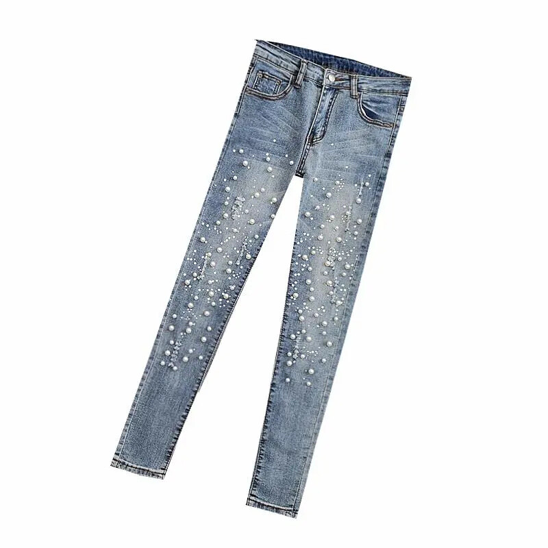 VWBQNZ Nailed Bead Jeans Sieviešu Pavasaris/vasara Jauns, daudzpusīgs, caurumu laužošs elastīgs, šaurs zīmuļu bikses Sieviešu ikdienas džinsu bikses