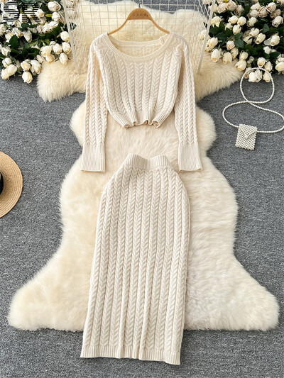 SINGREINY Зимни топли плетени костюми от 2 бр. Дамски костюми с дълъг ръкав и късо деколте, къс пуловер + пола с еластична талия Есенни секси комплекти за възрастни