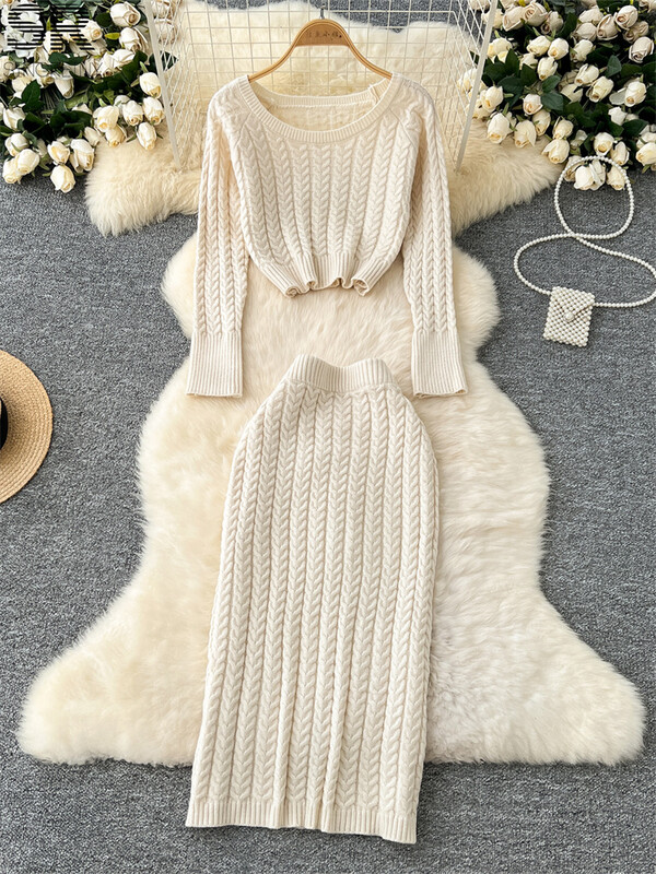 SINGREINY Зимни топли плетени костюми от 2 бр. Дамски костюми с дълъг ръкав и късо деколте, къс пуловер + пола с еластична талия Есенни секси комплекти за възрастни